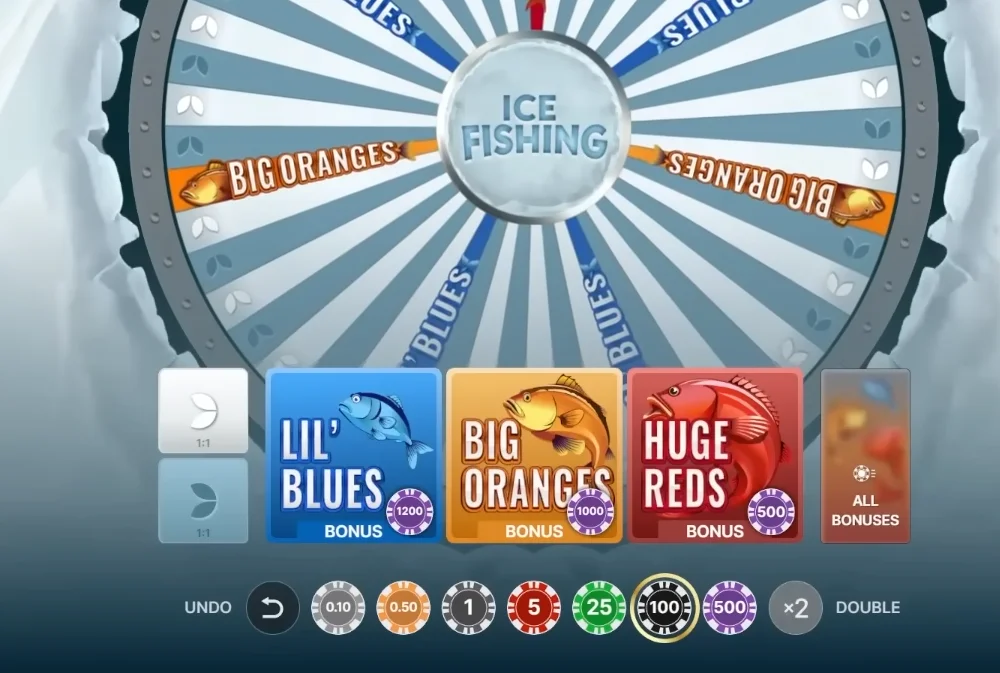 Ice Fishing bet options screen showing chip values from £0.10 to £100 and selectable segments for Lil’ Blues, Big Oranges, Huge Reds, and All Bonuses.