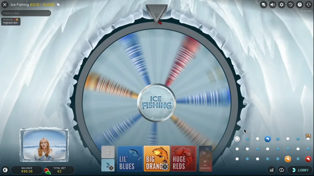 Ice Fishing game rules screen showing 53-segment wheel with random multipliers up to 10x and host preparing to spin for instant wins or bonus rounds.
