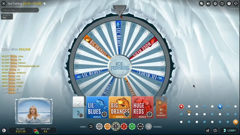 Ice Fishing game wheel showing Lil’ Blues, Big Oranges, and Huge Reds bonus segments with live host and bet display.