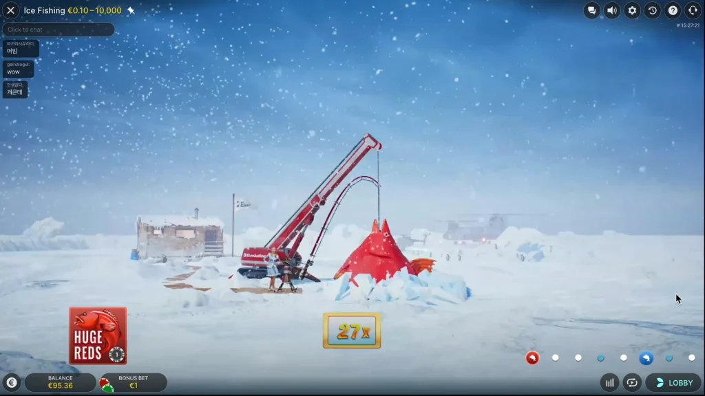Ice Fishing Huge Reds round with a giant red fish emerging from ice and 27x multiplier reward.