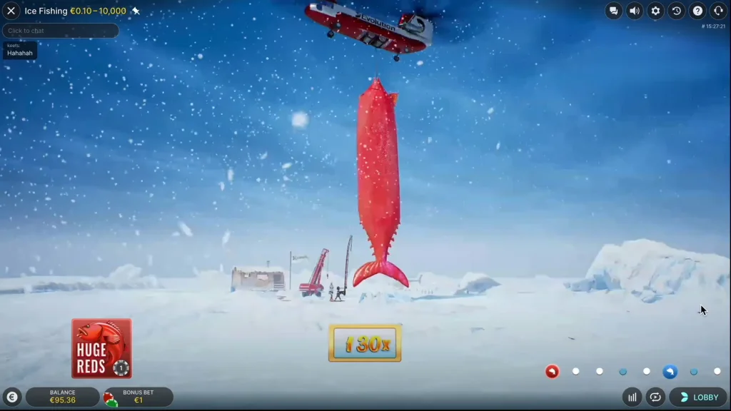 Ice Fishing Huge Reds final stage showing massive red fish and 130x max multiplier win.