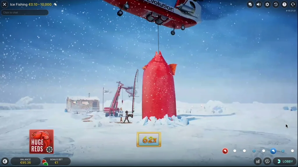 Ice Fishing Huge Reds bonus featuring helicopter lift of red fish and 62x multiplier payout.