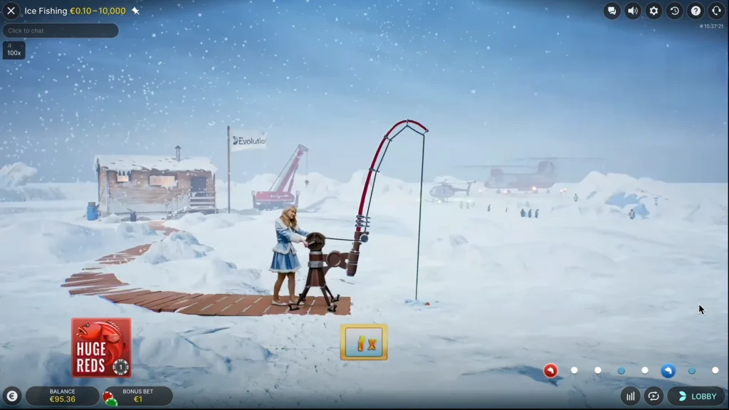 Ice Fishing Huge Reds bonus showing host reeling in a small red fish with 1x multiplier.