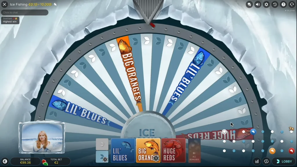 Ice Fishing strategy tips screen showing bonus fish types Lil’ Blues, Big Oranges, and Huge Reds with betting advice and multiplier highlights.